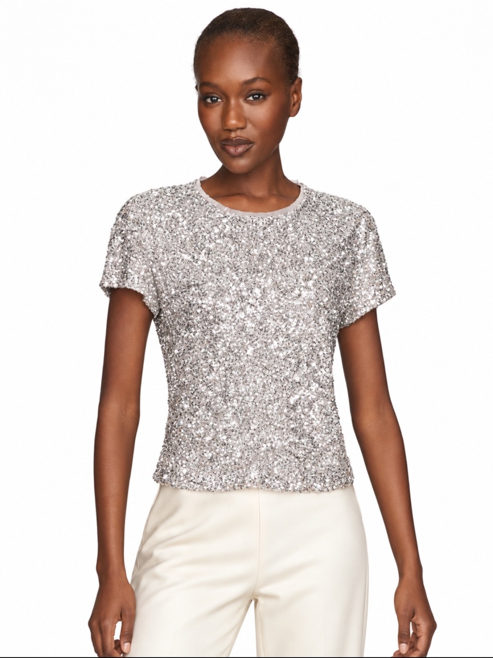 Maeve Anthropologie Silver Sequin Short Sleeve Top XXS Petite Like New!